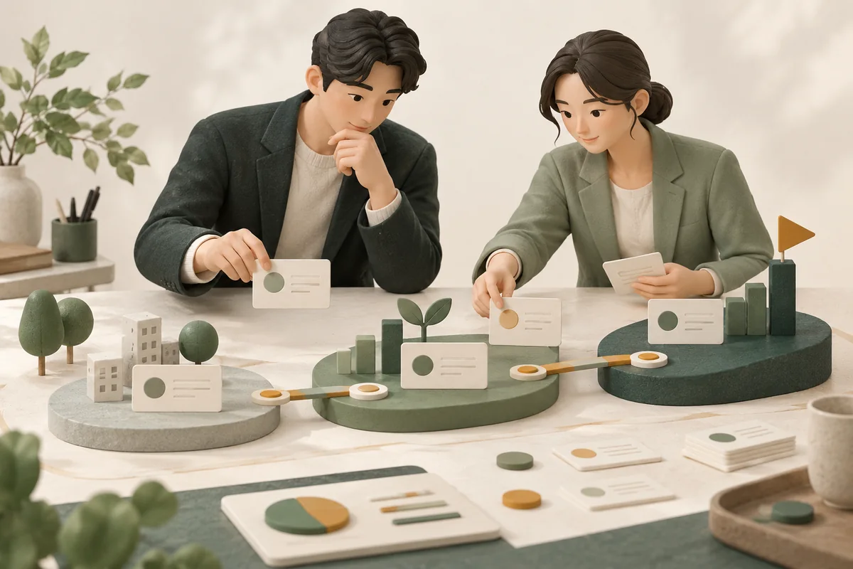 상담자가 단계별 실행 경로와 우선순위를 함께 설계하는 컨설팅 일러스트